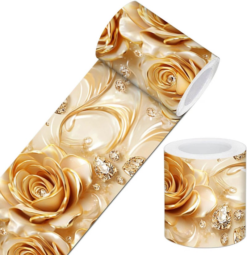 IVN Wallpaper Border Peel and Stick Wall Accent 4x196 Inch PVC Gold Rose Pattern Self Adhesive Decorative Wall Trim for Bedroom Living Room Hallway Elegant Luxurious Style - Image 1